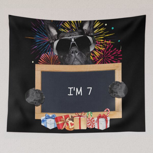 Item preview, A black dog wearing glasses holds a chalkboard with "I'M 7"  designed and sold by attakorn.