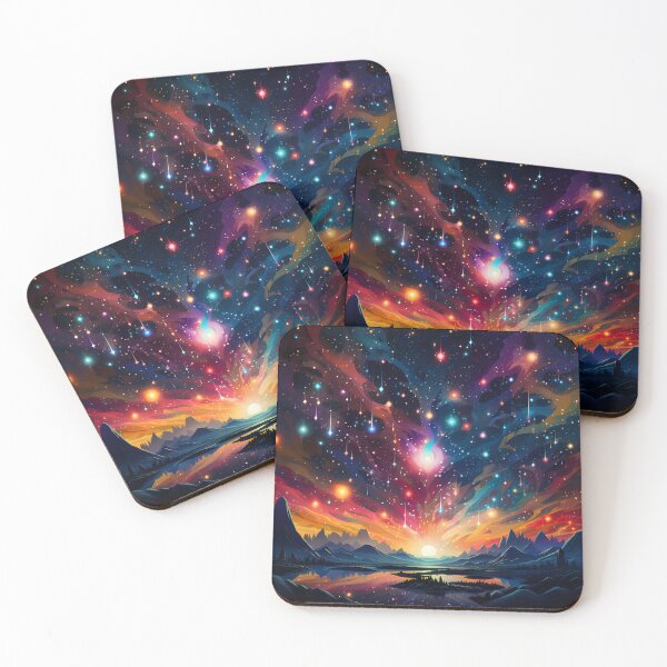 Item preview, Colorful stars on night sky with sunset over mountains and lakes designed and sold by CiniAi.