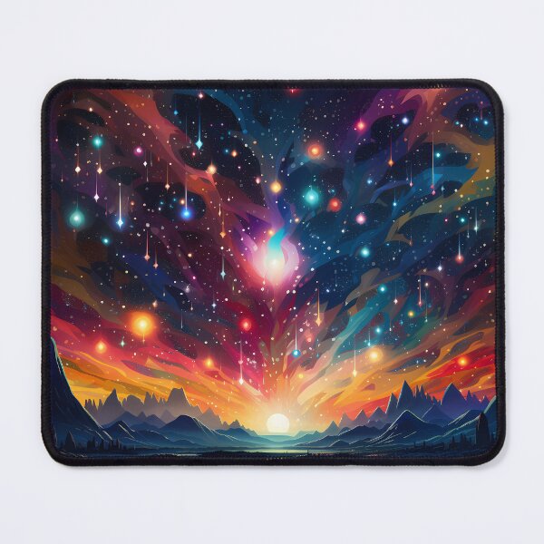 Item preview, Colorful stars on night sky with sunset over mountains and lakes designed and sold by CiniAi.