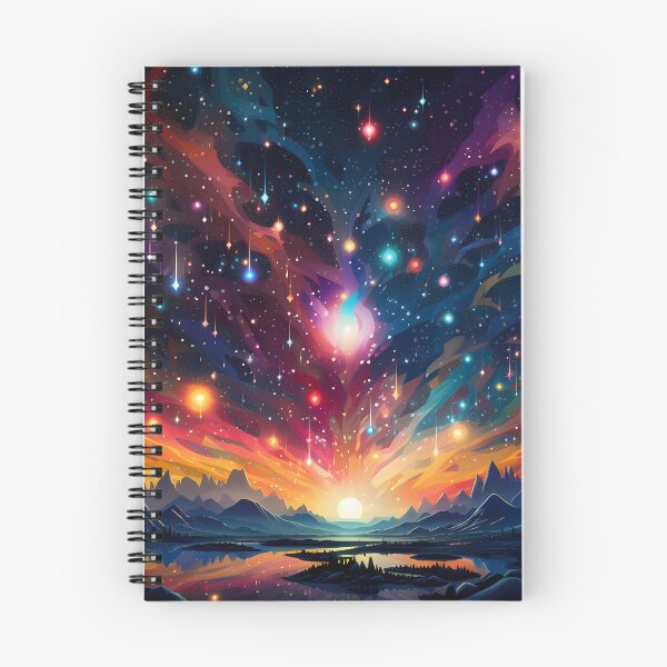 Item preview, Colorful stars on night sky with sunset over mountains and lakes designed and sold by CiniAi.