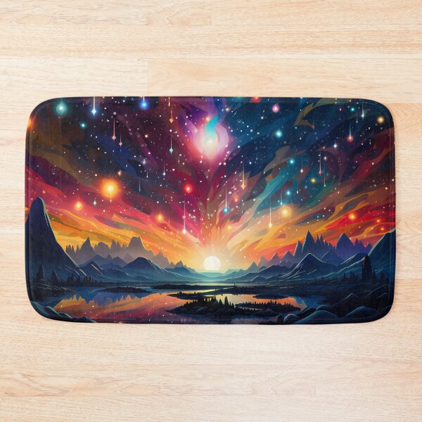 Item preview, Colorful stars on night sky with sunset over mountains and lakes designed and sold by CiniAi.