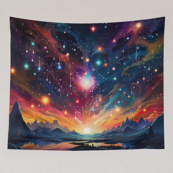 Item preview, Colorful stars on night sky with sunset over mountains and lakes designed and sold by CiniAi.