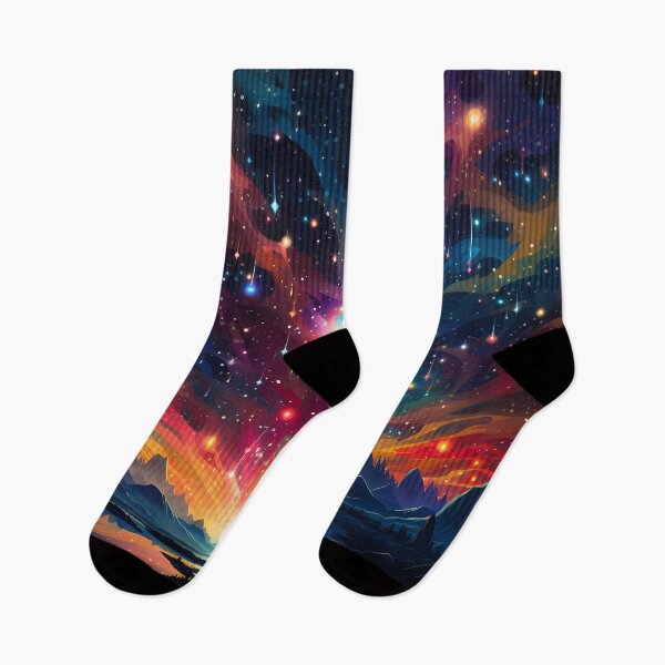 Item preview, Colorful stars on night sky with sunset over mountains and lakes designed and sold by CiniAi.