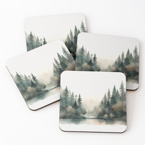 Item preview, Watercolor, minimal style pine forest in shades of green with fog designed and sold by CiniAi.
