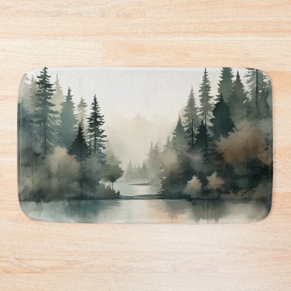 Item preview, Watercolor, minimal style pine forest in shades of green with fog designed and sold by CiniAi.