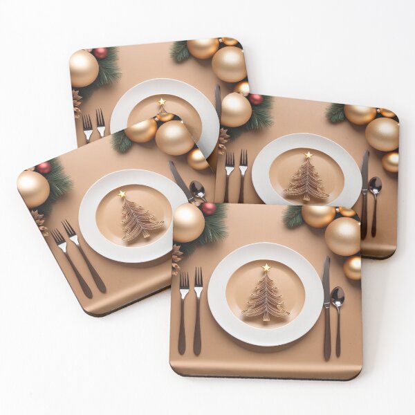 Item preview, Golden small Christmas fir tree on a beige plate surrounded by New Year decorations designed and sold by Edalion.