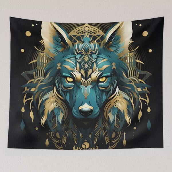 Item preview, Copy of Majestic native style wolf in turquoise and beige with golden ornaments designed and sold by CiniAi.