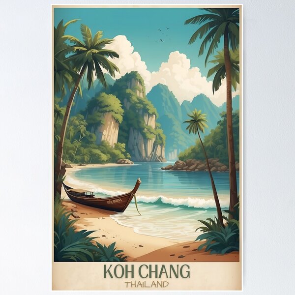 Vista previa del artículo con la obra «Hacia lo salvaje: póster de viaje antiguo de la jungla de Koh Chang», diseñado y vendido por Ceemko's Vintage Corner.