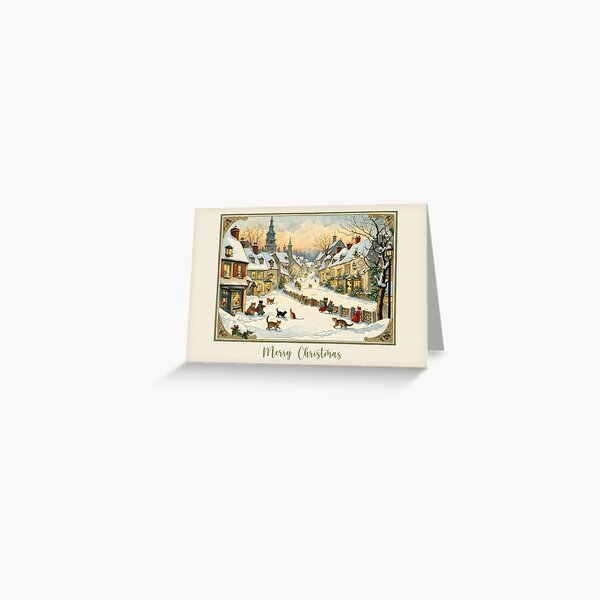 Merry Christmas winter cat town greetings Greeting Card
