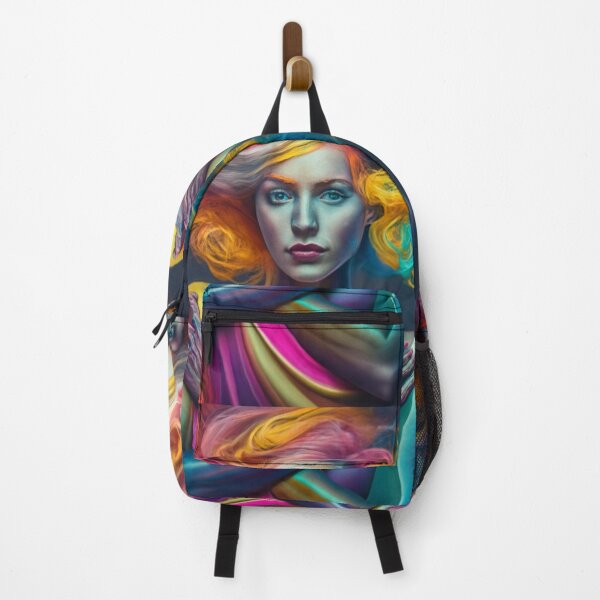 Item preview, woman profile picture portrait fluorescent multi color hologram rainbow t-shirt colorful dress beautiful woman woman on bed linen colorful bag yellow orange red blue black white designed and sold by gulka8.
