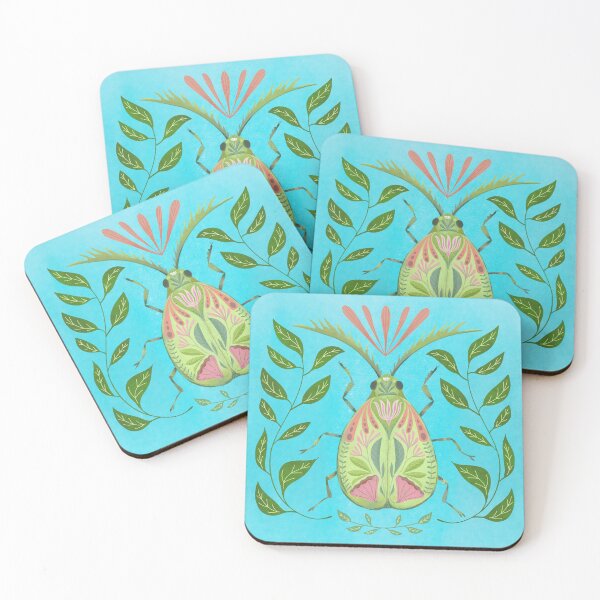 Item preview, Pretty Green Beetle with Pink accents, leaves and flower pattern designed and sold by Kathy Osborne Studio.