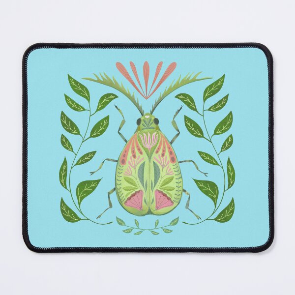 Item preview, Pretty Green Beetle with Pink accents, leaves and flower pattern designed and sold by Kathy Osborne Studio.