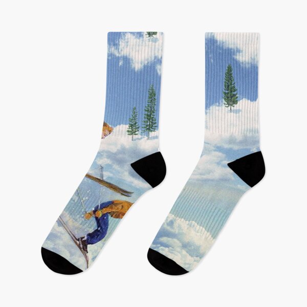 Item preview, Pow Clouds - Skiers jumping among clouds and pine trees designed and sold by linzsepe.
