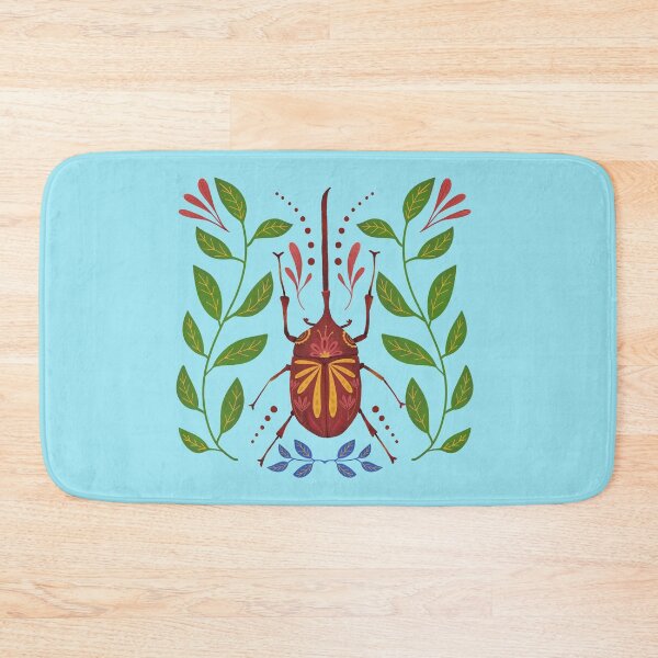 Item preview, Red Beetle with Yellow Flower Accents - green and blue leaves pattern designed and sold by Kathy Osborne Studio.