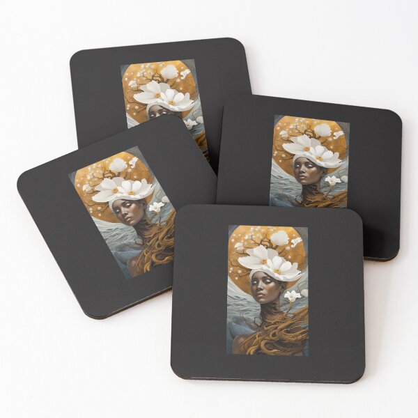 Item preview, face of an African woman in chiaroscuro, wearing white flowers, against a background of nature mixing undulating waves and a flowering tree designed and sold by Creativesphotos.