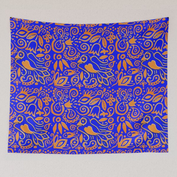 Item preview, Orange and Blue Paisley and Floral  Bird Textile designed and sold by jwintercollins.