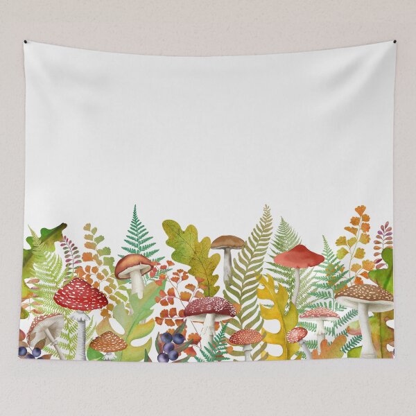 Item preview, Autumn leaves and mushrooms seamless border. Fall leaf, fly agaric watercolor illustration. Woodland composition designed and sold by likapix.