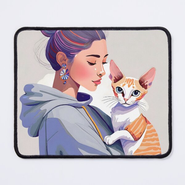 Item preview, Young woman in hoodie with bun hair is holding cute red color Devon Rex cat designed and sold by igvee.