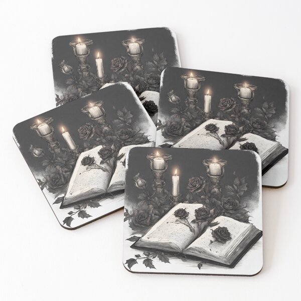 Item preview, Open Book with Black Roses Candles Black and White Background designed and sold by N0VEEN.