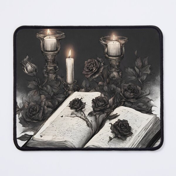 Item preview, Open Book with Black Roses Candles Black and White Background designed and sold by N0VEEN.