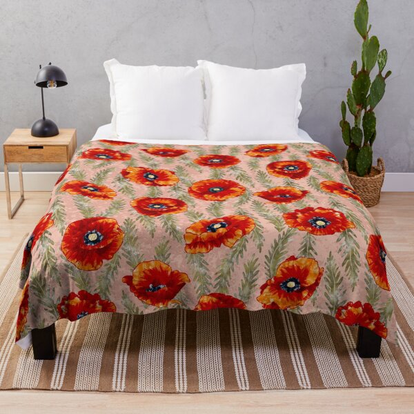 Item preview, Red Watercolor Poppies and Ferns on Textured Dusty Pink Background Pattern designed and sold by Valerie Englehart.