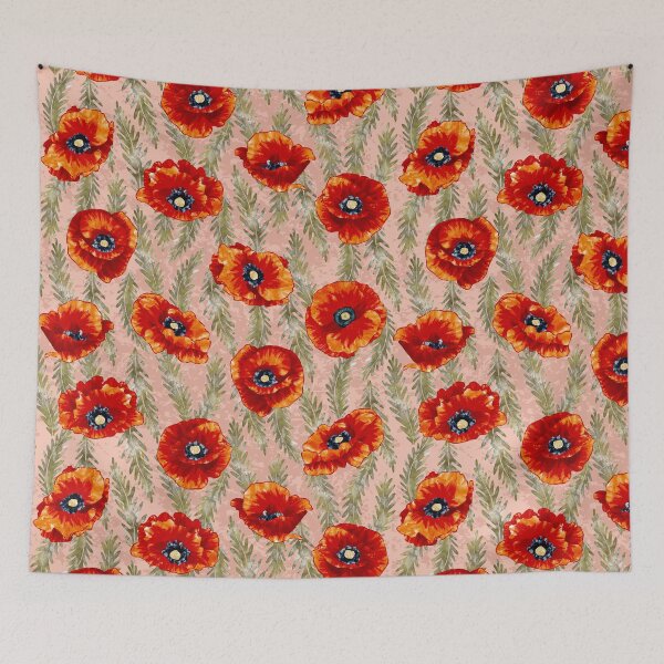 Item preview, Red Watercolor Poppies and Ferns on Textured Dusty Pink Background Pattern designed and sold by Valerie Englehart.