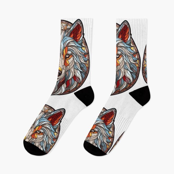 Artikelvorschau, Grauer Wolfskopf im Buntglasstil entworfen und verkauft von stainedglass101.