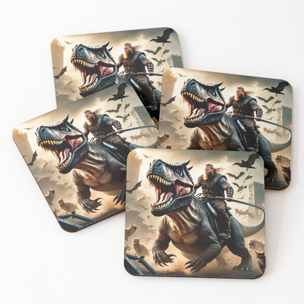 Item preview, Warrior viking riding dinosaur with flying cats  designed and sold by MoonShroomPrint.