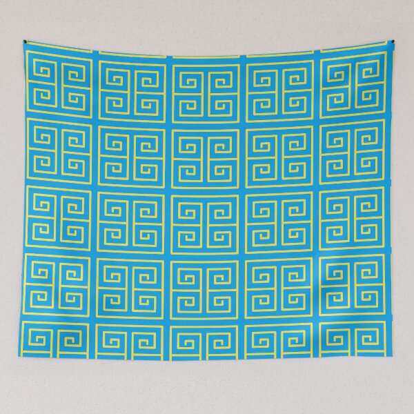 Item preview, Bright Blue Yellow Square Spiral Geometric Symmetrical Meanders Mediterranean Labyrinth Pattern designed and sold by PenguinForests.