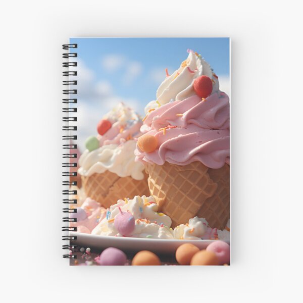 Ice cream swirl cones, food art, surreal, pastel background with clouds Spiral Notebook