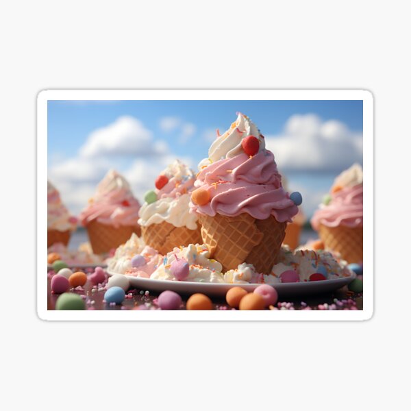 Ice cream swirl cones, food art, surreal, pastel background with clouds Sticker