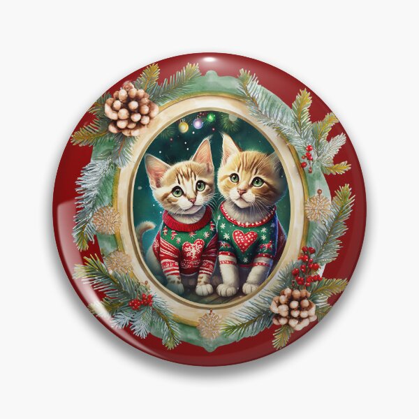 Item preview, Two cute kittens wearing festive Christmas sweaters with red hearts, in a winter themed picture frame with pinecones and winter berries designed and sold by WitchDesign.