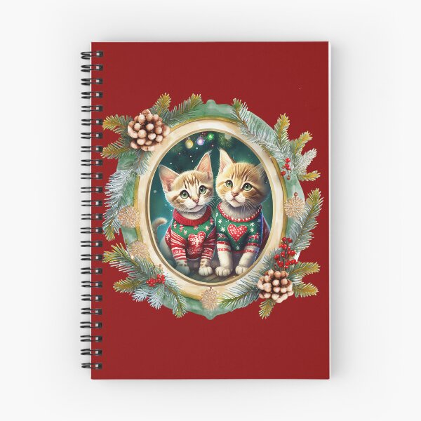 Item preview, Two cute kittens wearing festive Christmas sweaters with red hearts, in a winter themed picture frame with pinecones and winter berries designed and sold by WitchDesign.
