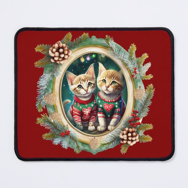 Item preview, Two cute kittens wearing festive Christmas sweaters with red hearts, in a winter themed picture frame with pinecones and winter berries designed and sold by WitchDesign.