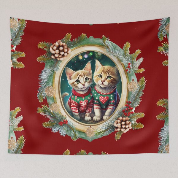 Aperçu de l'œuvre Deux chatons mignons portant des pulls de Noël festifs avec des coeurs rouges, dans un cadre photo sur le thème de l'hiver avec des pommes de pin et des baies d'hiver créée et vendue par WitchDesign.