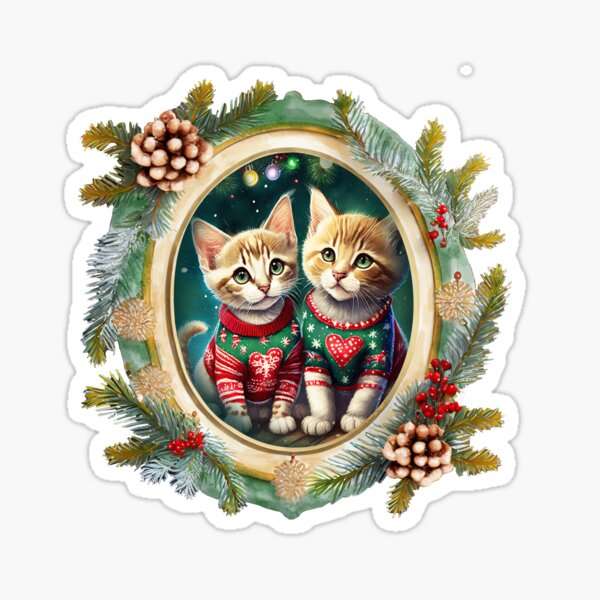 Item preview, Two cute kittens wearing festive Christmas sweaters with red hearts, in a winter themed picture frame with pinecones and winter berries designed and sold by WitchDesign.