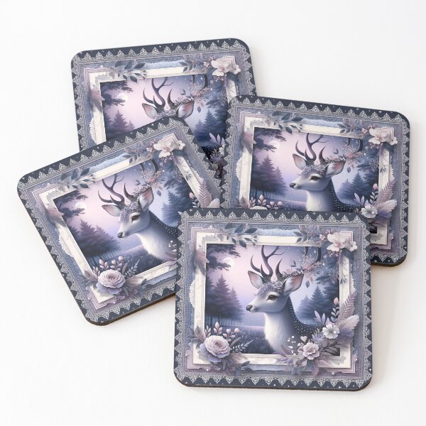 Item preview, Enchanted Woodland Fantasy Forest Deer Artwork, Dark Floral Theme with Flowers and Lace in Purple and Blue designed and sold by coreexpressions.
