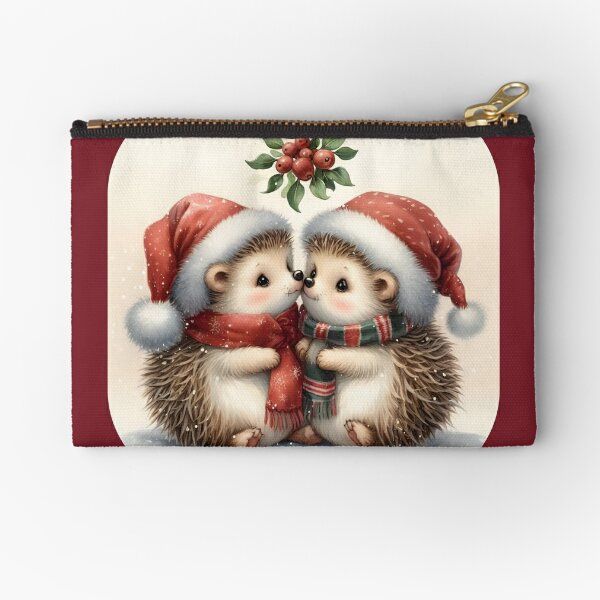 Adorable Hedgehogs kissing and hugging under the Mistletoe Zipper Pouch