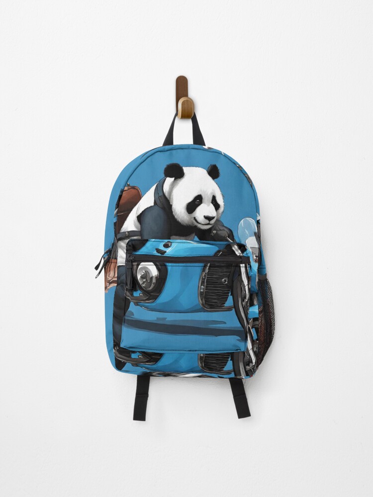 Thumbnail 1 of 3, Backpack, Panda Riding Blue Motorcycle designed and sold by krodriguez72.
