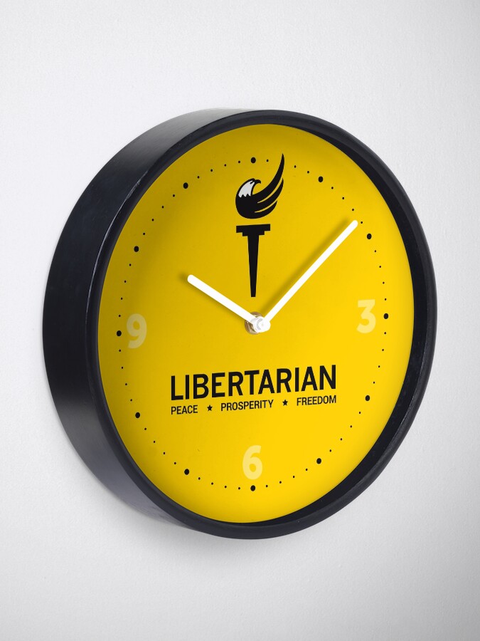 Alternate view of Libertarian Torch Eagle Freedom Capitalism with slogan peace, prosperity, freedom - black and yellow Clock