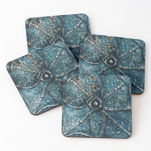 Item preview, Medieval Crusader Shield with Runic Inscriptions and Vibrant Azure Patina in Pointillism Style designed and sold by polonuim210.