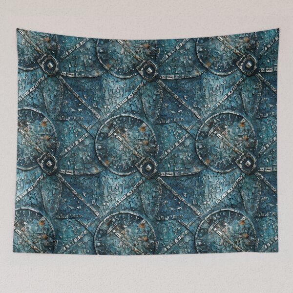 Item preview, Medieval Crusader Shield with Runic Inscriptions and Vibrant Azure Patina in Pointillism Style designed and sold by polonuim210.