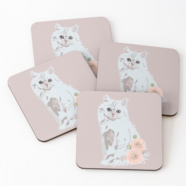 Item preview, Fluffy white cat and pink flowers designed and sold by Botanical Cat.