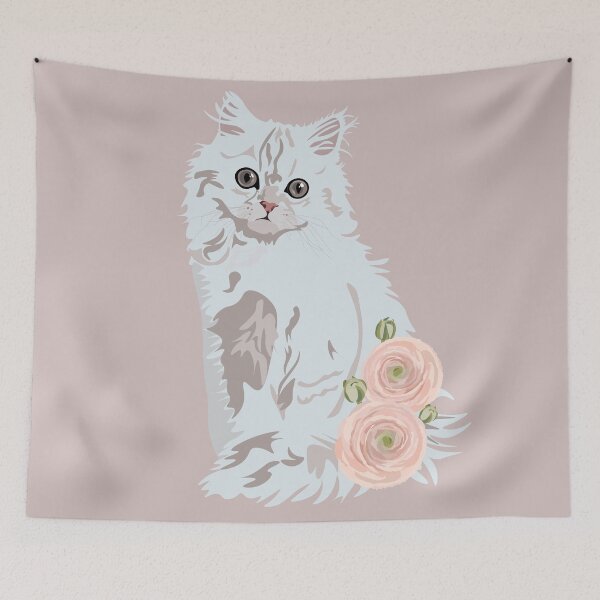 Item preview, Fluffy white cat and pink flowers designed and sold by Botanical Cat.
