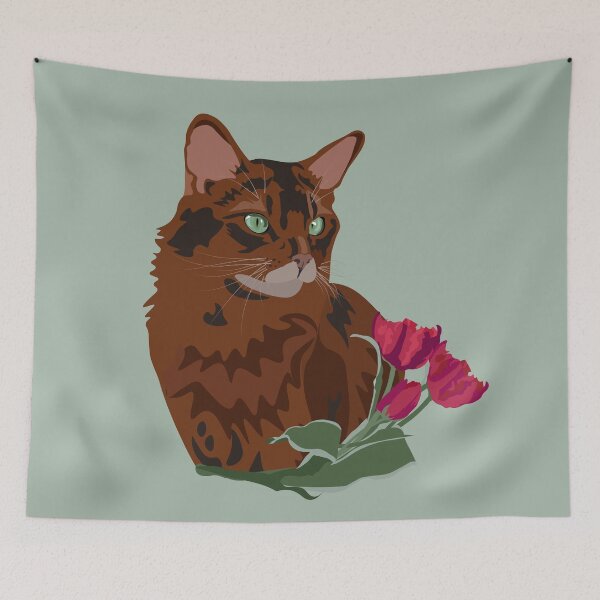 Item preview, Red cat and tulip flowers designed and sold by Botanical Cat.