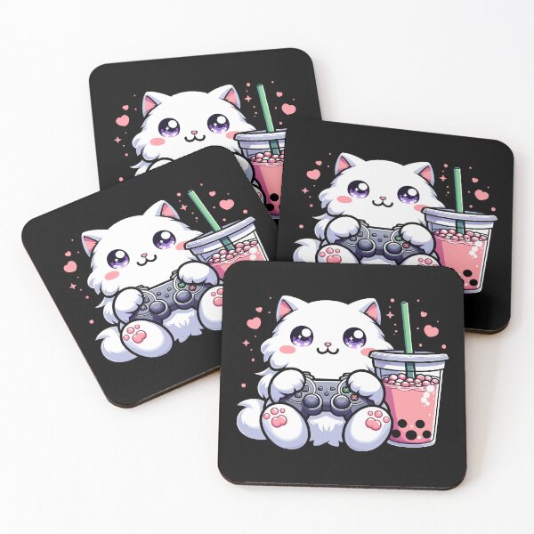 Item preview, Kawaii White Cat Drinking Boba Tea Bubble Tea,Gamer Girl,Kawaii Neko Cat Playing Game  designed and sold by Inno-Ink.