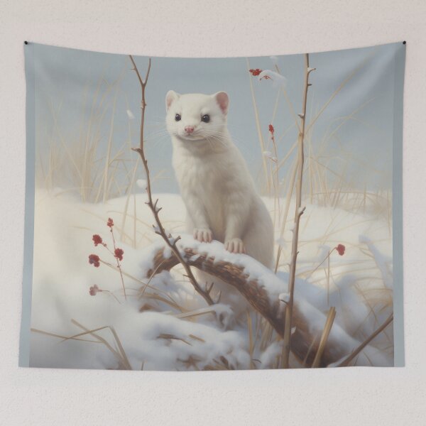 Item preview, cute white winter ermine marten in nature designed and sold by WallyPink.