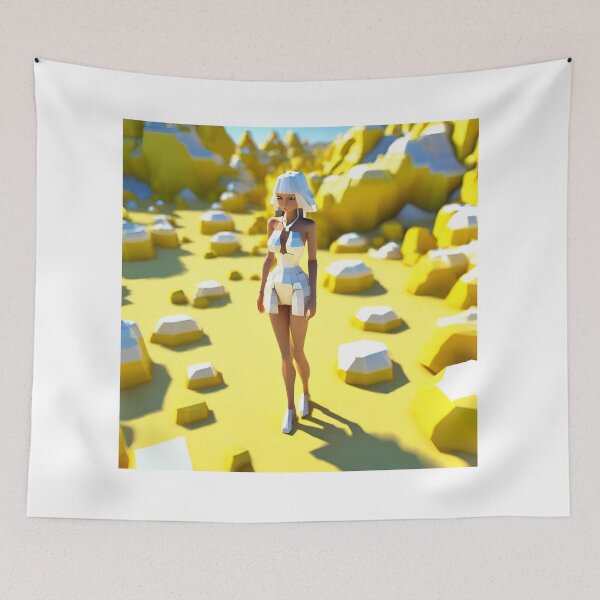 Item preview, doll looking girl wearing white mini dress standing at the yellow desert hills amidst white diamonds  designed and sold by thebitsinc.