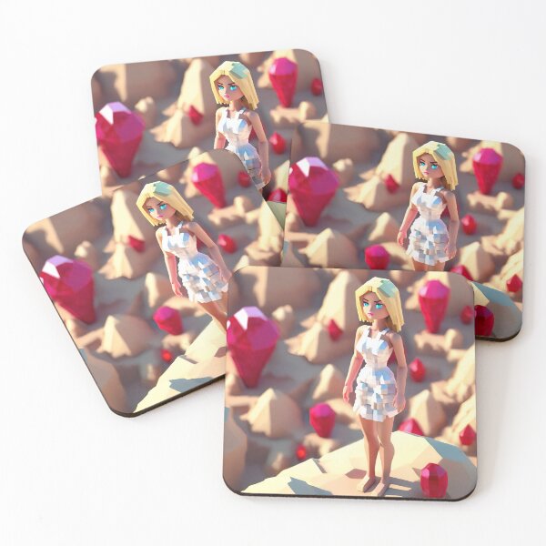 Item preview, doll looking girl wearing white mini dress standing at the desert amidst big ruby gems designed and sold by thebitsinc.