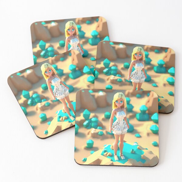 Item preview, doll looking girl wearing white mini dress standing at the desert atop a blue sapphire hill amidst big blue sapphire gems designed and sold by thebitsinc.